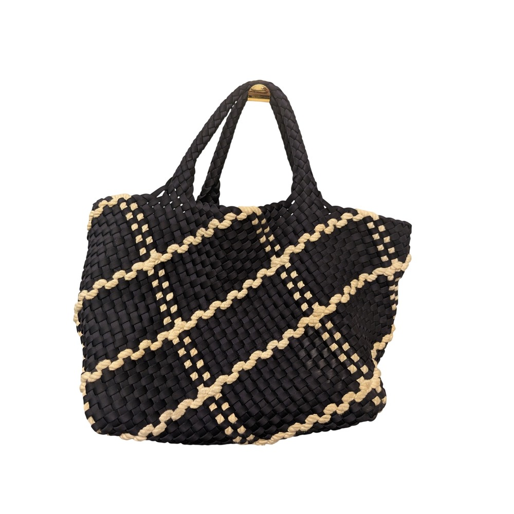 Naghedi St Barths Medium Tote Bag Ink Blue White Woven Neoprene Checkered‎ Rope